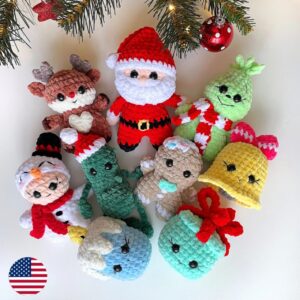 Christmas Crochet PATTERNS 9in1, Amigurumi Santa, Baby Green, Reindeer, Gingerbread Man, Candle,Bell,Gift Box,Snowman, Bundle Doll Ornament