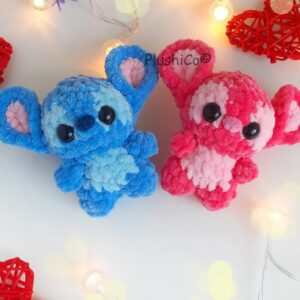 Stitch & Angel CROCHET PATTERN, Low-Sew Amigurumi Keychain, Mini Pink and Blue Alien Dogs, Lilo & Stitch Plush
